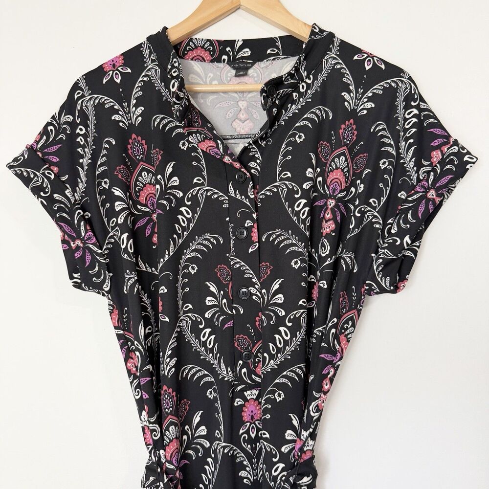 Ann Taylor Floral Knit Belted Shirt Dress Midi Black Pink Paisley Women’s XL - Picture 3 of 13